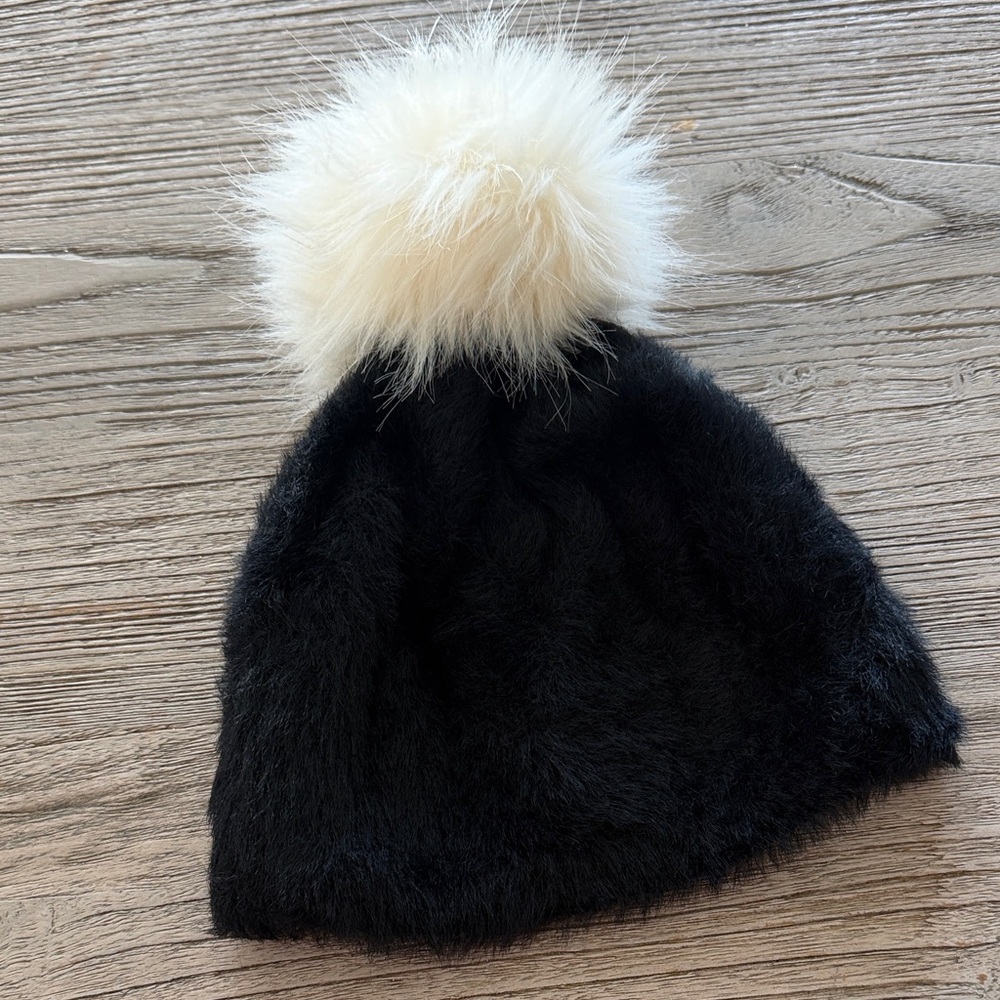 Anthropologie Fuzzy Black Hat with Cream Pom-Pom